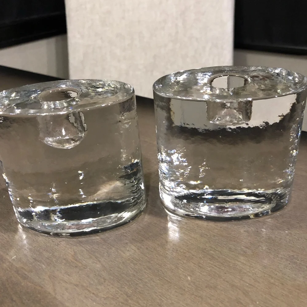 Crate & Barrel Elegant Crystal Clear Ice tapered Candle Holders set of two